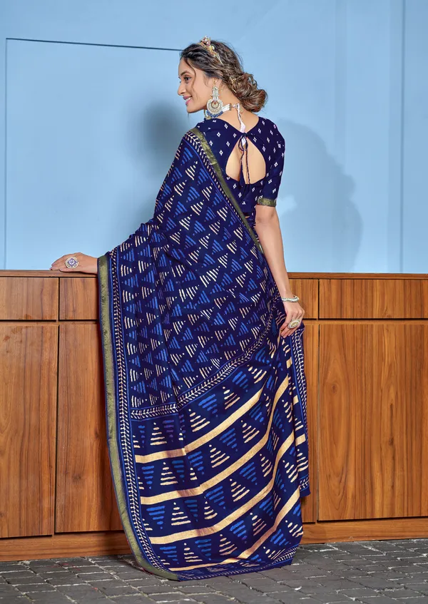 Navy_Blue__Beautiful_Zari_Border_Handicraft_Pure_Soft_MulMul_Ikkat_Hand_Print_Cotton_Saree_With_Blouse_Piece