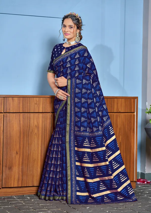 Navy_Blue__Beautiful_Zari_Border_Handicraft_Pure_Soft_MulMul_Ikkat_Hand_Print_Cotton_Saree_With_Blouse_Piece