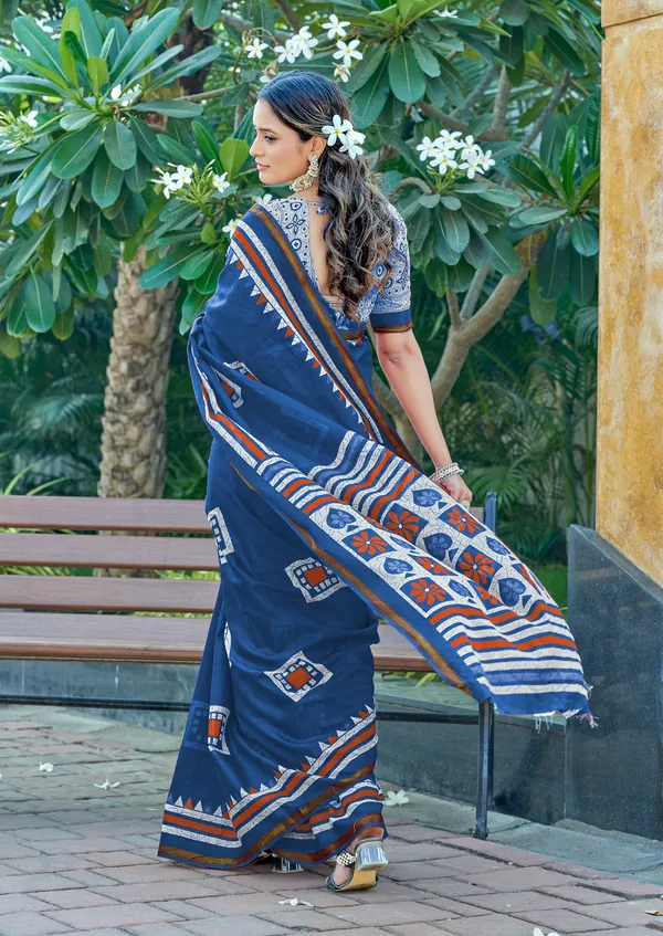 Blue_Beautiful_Jaipuri_Handicraft_Block_Print_Pure_Soft_MulMul_Cotton_Zari_Border_Saree_With_Blouse_Piece