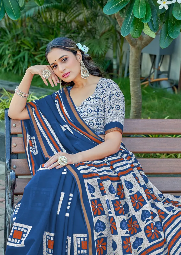 Blue_Beautiful_Jaipuri_Handicraft_Block_Print_Pure_Soft_MulMul_Cotton_Zari_Border_Saree_With_Blouse_Piece