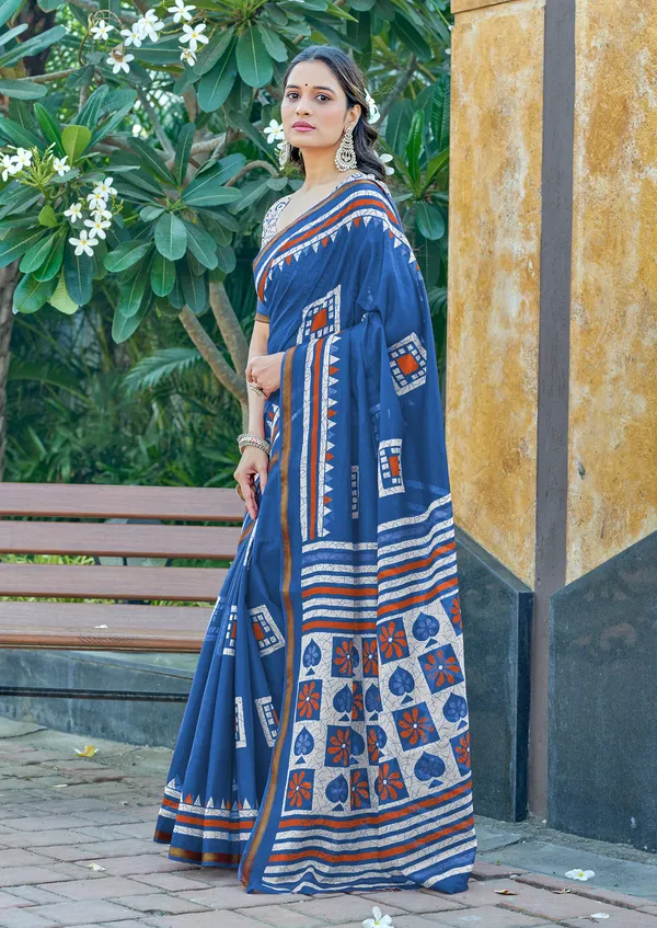 Blue_Beautiful_Jaipuri_Handicraft_Block_Print_Pure_Soft_MulMul_Cotton_Zari_Border_Saree_With_Blouse_Piece