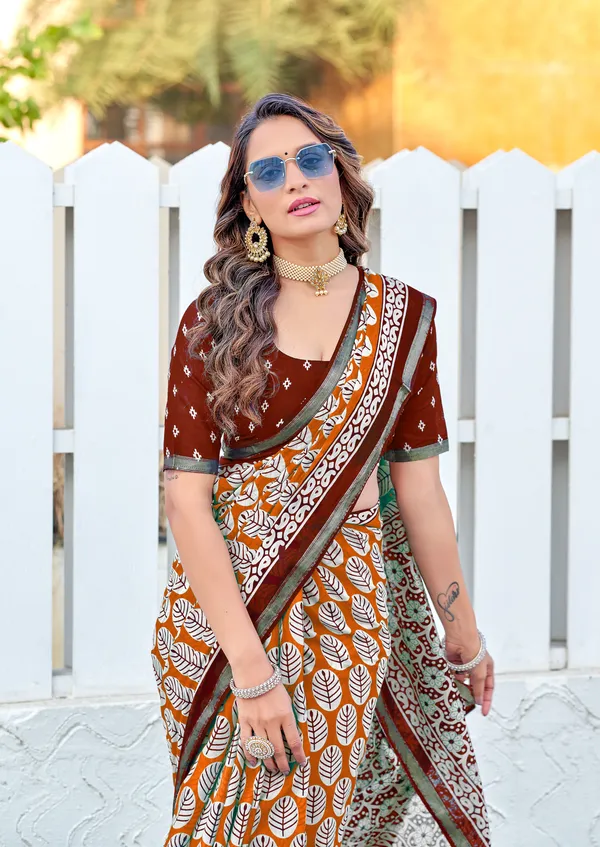 Orange_Beautiful_Jaipuri_Handicraft_Block_Print_Pure_Soft_MulMul_Cotton_Zari_Border_Saree_With_Blouse_Piece