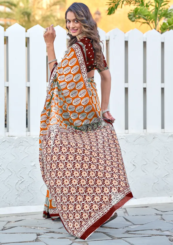 Orange_Beautiful_Jaipuri_Handicraft_Block_Print_Pure_Soft_MulMul_Cotton_Zari_Border_Saree_With_Blouse_Piece