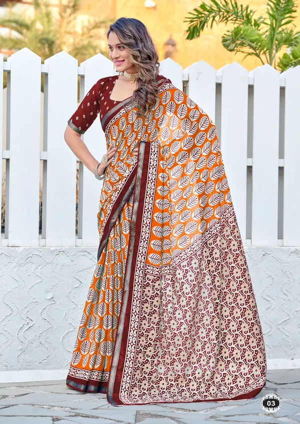 Orange_Beautiful_Jaipuri_Handicraft_Block_Print_Pure_Soft_MulMul_Cotton_Zari_Border_Saree_With_Blouse_Piece