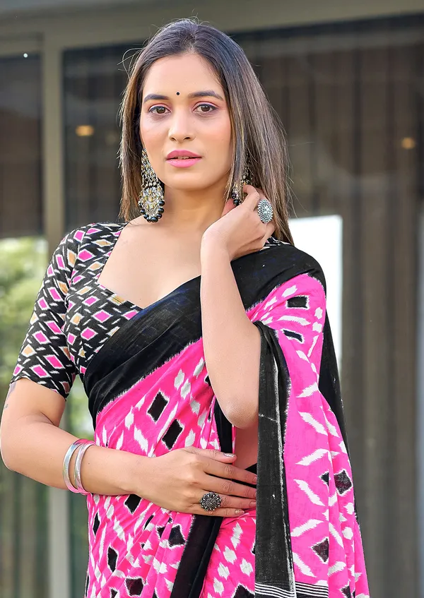Handicraft_Beautiful_Handicraft_Pure_Soft_MulMulcotton_IKKAT_Hand_Blcok_Print_Saree_With_Blouce_Piece