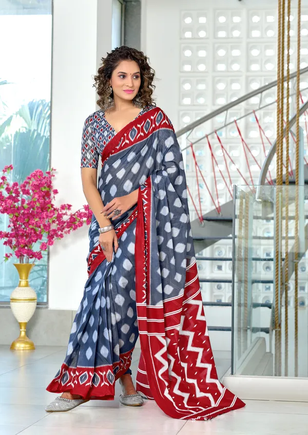 Handicraft_Beautiful_Handicraft_Pure_Soft_MulMulcotton_IKKAT_Hand_Blcok_Print_Saree_With_Blouce_Piece