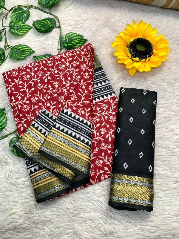 Red_New_Stylish_Zari_Border_Ajarkh_Block_Print_Pure_Mulmul_Cotton_Saree