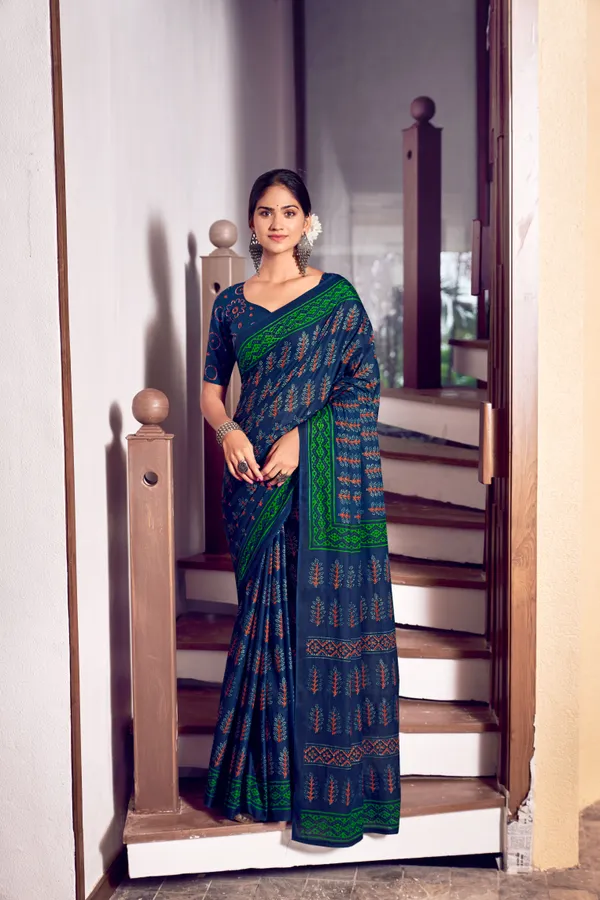Beautiful_Handicraft_Pure_Soft_MulMul_Cotton_Ikkat_Hand_PrintedSaree_With_Blouse_Piece