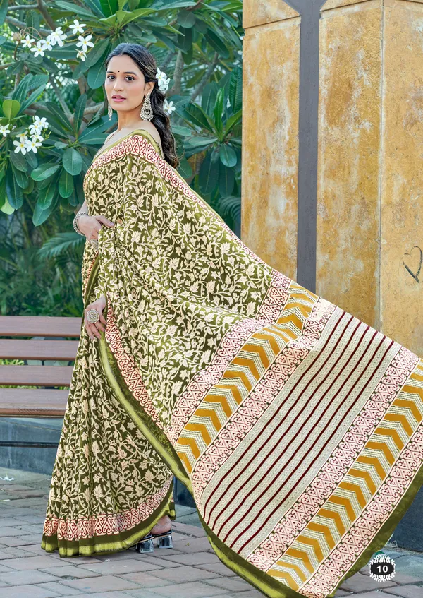 Green_Beautiful_Jaipuri_Handicraft_Rajwadi_Block_Print_Pure_Soft_MulMul_Cotton_Zari_Border_Saree_With_Blouse_Piece