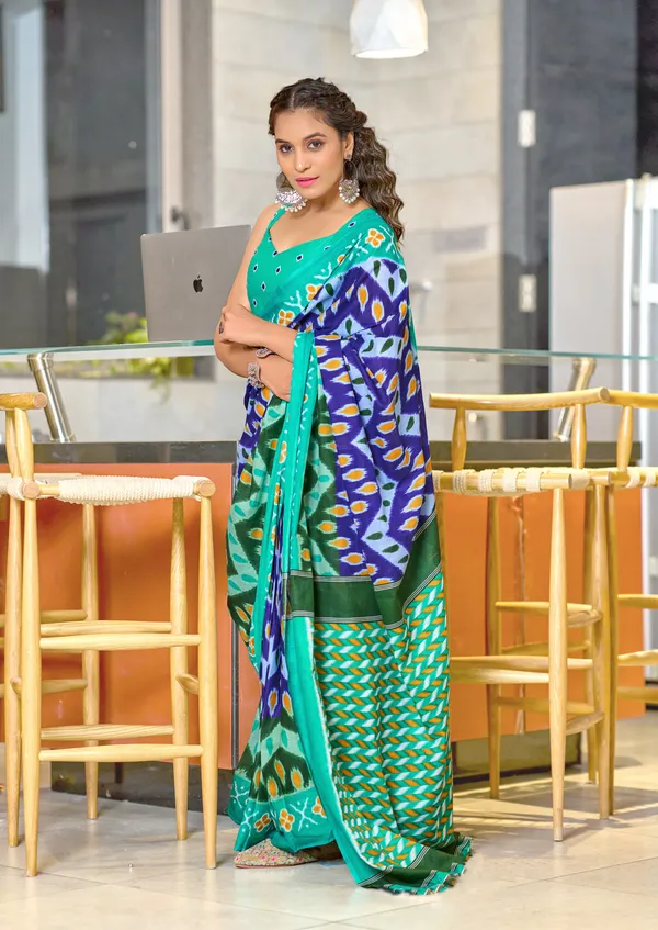Handicraft_Beautiful_Handicraft_Pure_Soft_MulMulcotton_IKKAT_Hand_Blcok_Print_Saree_With_Blouce_Piece