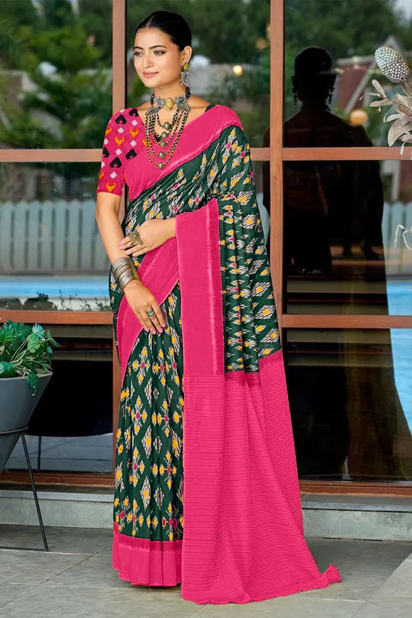 Beautiful_Handicraft_Pure_Soft_MulMul_Cotton_Ikkat_Hand_PrintedSaree_With_Blouse_Piece