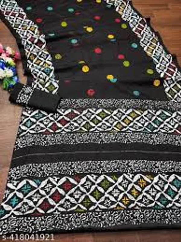 Black_Batik_Print_Pure_mul_Cotton_Saree_With_Blouse_Piece_with_Unstiched_Blouse_Fabric