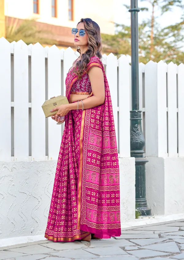 Pink_Beautiful_Jaipuri_Handicraft_Block_Print_Pure_Soft_MulMul_Cotton_Zari_Border_Saree_With_Blouse_Piece