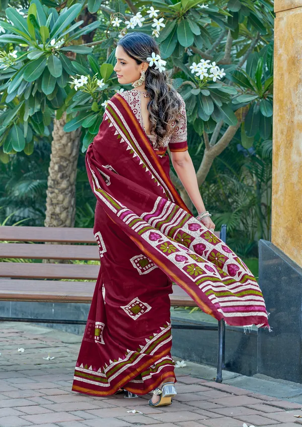 maroon_Beautiful_Jaipuri_Handicraft_Block_Print_Pure_Soft_MulMul_Cotton_Zari_Border_Saree_With_Blouse_Piece