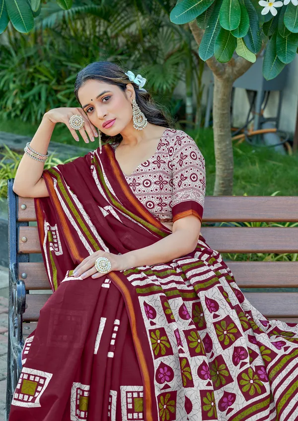 maroon_Beautiful_Jaipuri_Handicraft_Block_Print_Pure_Soft_MulMul_Cotton_Zari_Border_Saree_With_Blouse_Piece