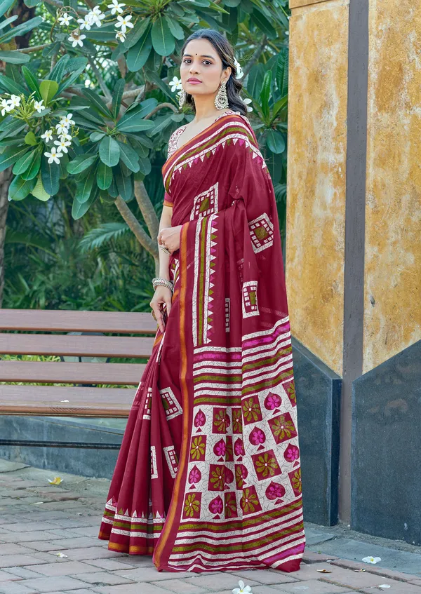 maroon_Beautiful_Jaipuri_Handicraft_Block_Print_Pure_Soft_MulMul_Cotton_Zari_Border_Saree_With_Blouse_Piece