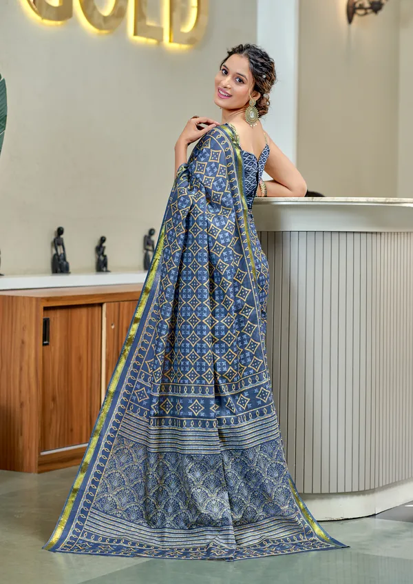 Blue__Beautiful_Zari_Border_Handicraft_Pure_Soft_MulMul_Jaipuri_Hand_Block_Print_Cotton_Saree_With_Blouse_Piece