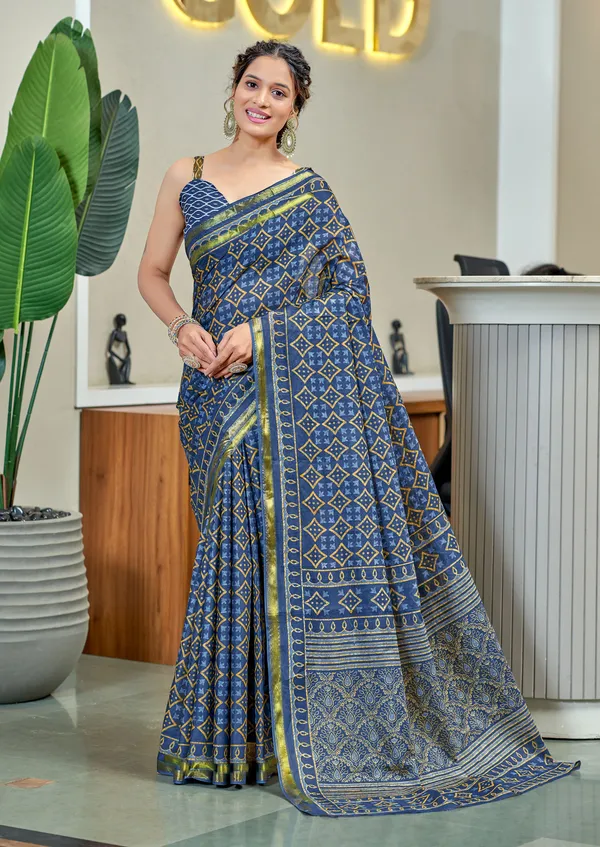 Blue__Beautiful_Zari_Border_Handicraft_Pure_Soft_MulMul_Jaipuri_Hand_Block_Print_Cotton_Saree_With_Blouse_Piece
