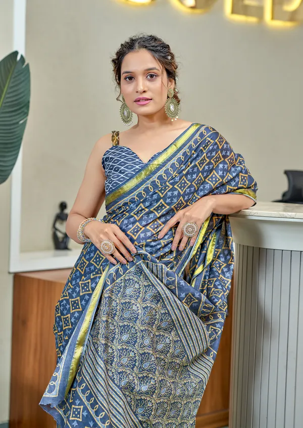 Blue__Beautiful_Zari_Border_Handicraft_Pure_Soft_MulMul_Jaipuri_Hand_Block_Print_Cotton_Saree_With_Blouse_Piece