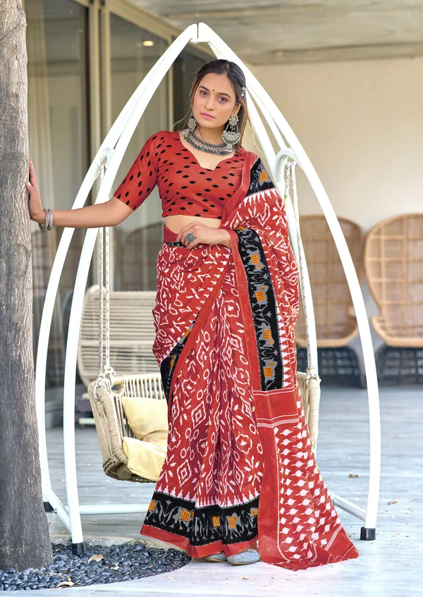 Handicraft_Beautiful_Handicraft_Pure_Soft_MulMulcotton_IKKAT_Hand_Blcok_Print_Saree_With_Blouce_Piece