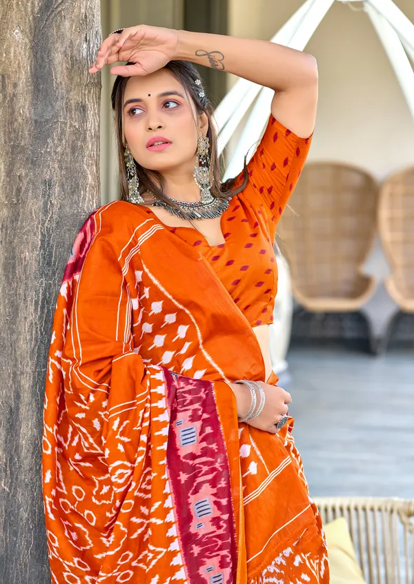 Handicraft_Beautiful_Handicraft_Pure_Soft_MulMulcotton_IKKAT_Hand_Blcok_Print_Saree_With_Blouce_Piece