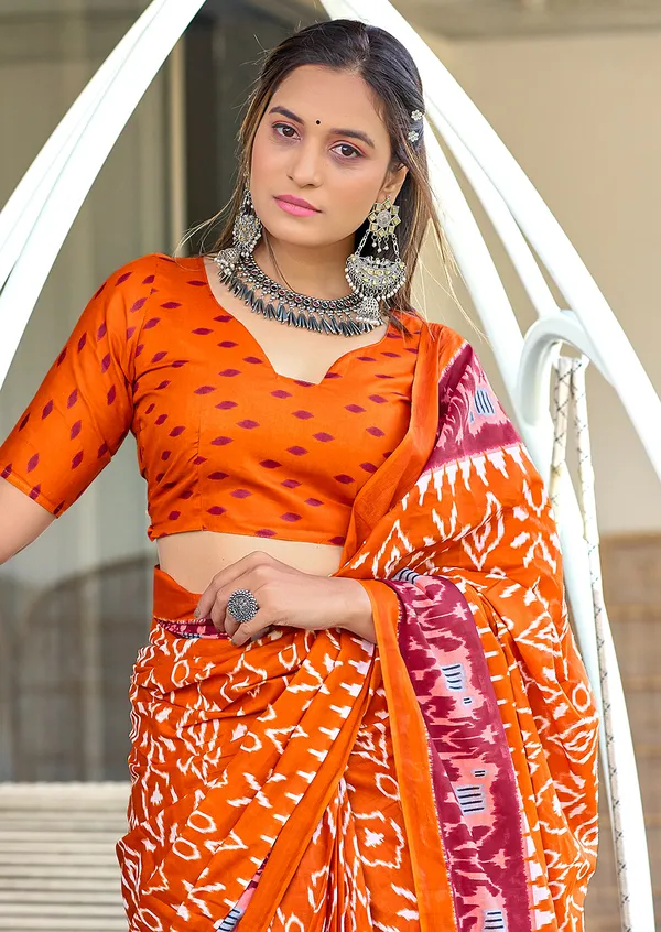 Handicraft_Beautiful_Handicraft_Pure_Soft_MulMulcotton_IKKAT_Hand_Blcok_Print_Saree_With_Blouce_Piece