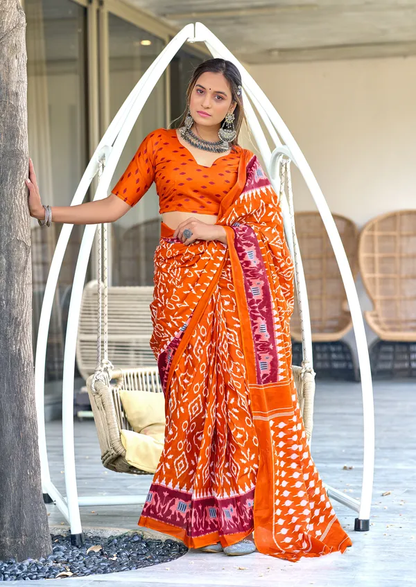 Handicraft_Beautiful_Handicraft_Pure_Soft_MulMulcotton_IKKAT_Hand_Blcok_Print_Saree_With_Blouce_Piece