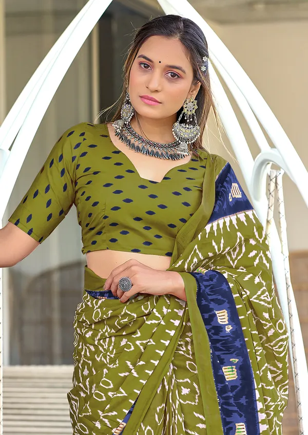 Handicraft_Beautiful_Handicraft_Pure_Soft_MulMulcotton_IKKAT_Hand_Blcok_Print_Saree_With_Blouce_Piece