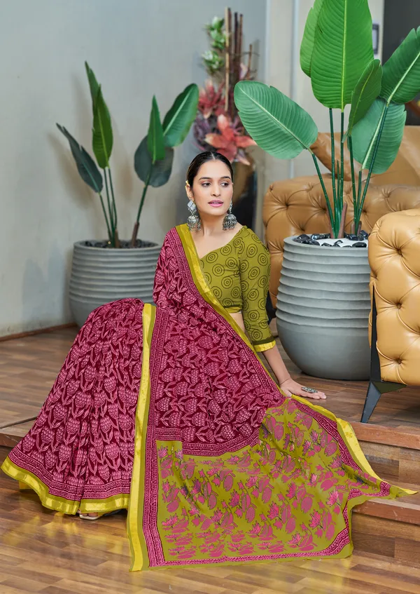 Pink_Beautiful_Jaipuri_Handicraft_Rajwadi_Block_Print_Pure_Soft_MulMul_Cotton_Zari_Border_Saree_With_Blouse_Piece