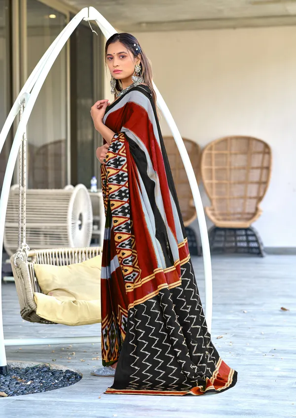 Handicraft_Beautiful_Handicraft_Pure_Soft_MulMulcotton_IKKAT_Hand_Blcok_Print_Saree_With_Blouce_Piece