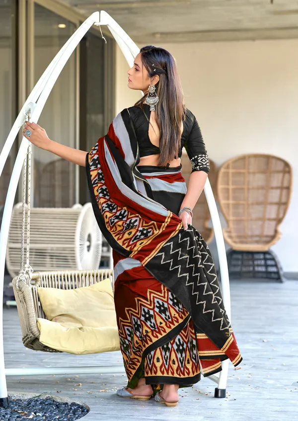 Handicraft_Beautiful_Handicraft_Pure_Soft_MulMulcotton_IKKAT_Hand_Blcok_Print_Saree_With_Blouce_Piece