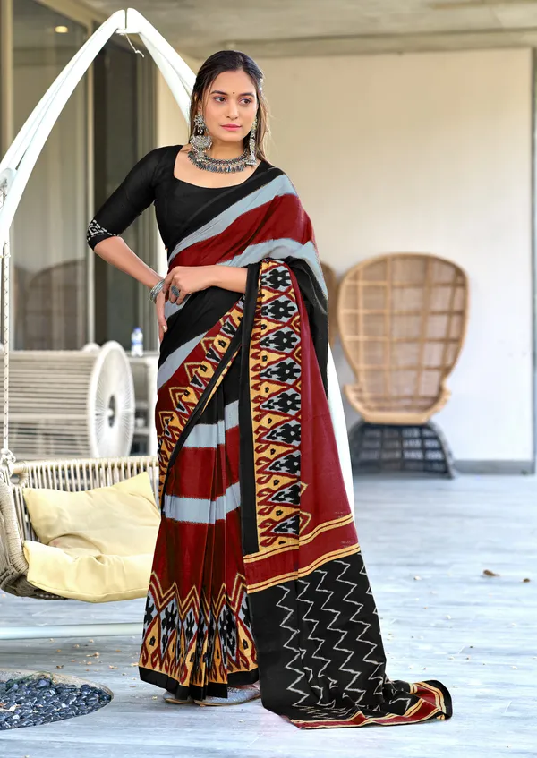 Handicraft_Beautiful_Handicraft_Pure_Soft_MulMulcotton_IKKAT_Hand_Blcok_Print_Saree_With_Blouce_Piece