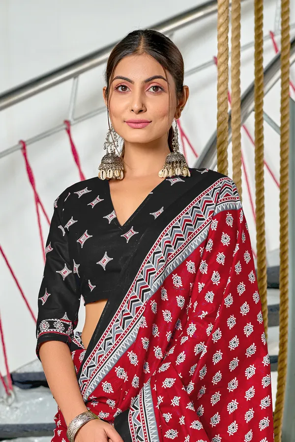 Handicraft_Beautiful_Handicraft_Pure_Soft_MulMulcotton_IKKAT_Hand_Blcok_Print_Saree_With_Blouce_Piece