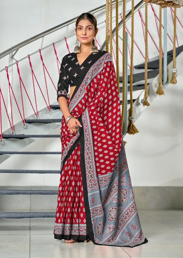 Handicraft_Beautiful_Handicraft_Pure_Soft_MulMulcotton_IKKAT_Hand_Blcok_Print_Saree_With_Blouce_Piece