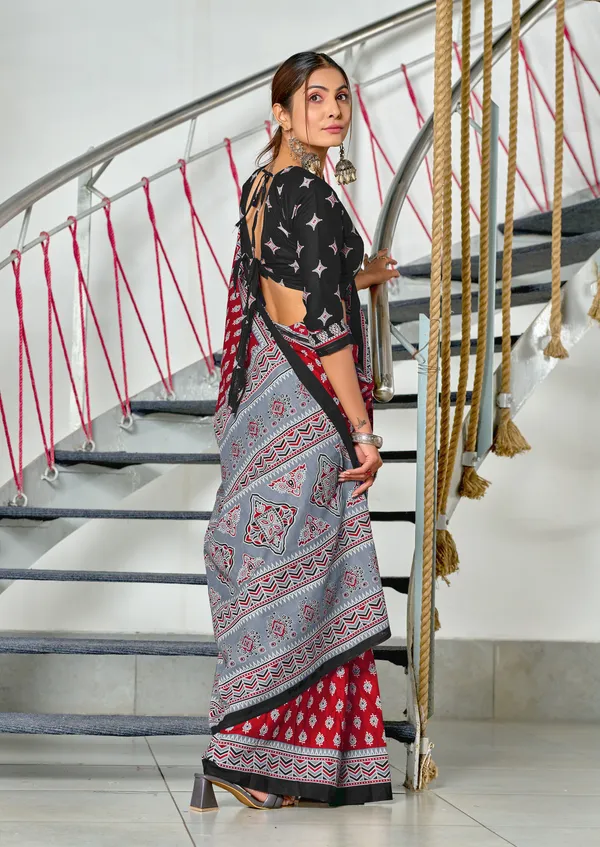 Handicraft_Beautiful_Handicraft_Pure_Soft_MulMulcotton_IKKAT_Hand_Blcok_Print_Saree_With_Blouce_Piece