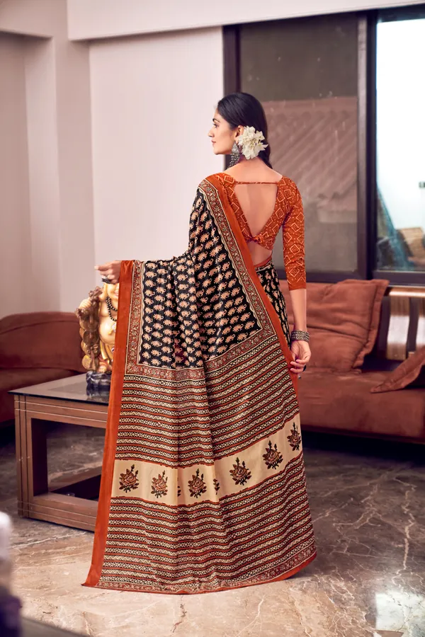 Beautiful_Handicraft_Pure_Soft_MulMul_Cotton_Ikkat_Hand_PrintedSaree_With_Blouse_Piece