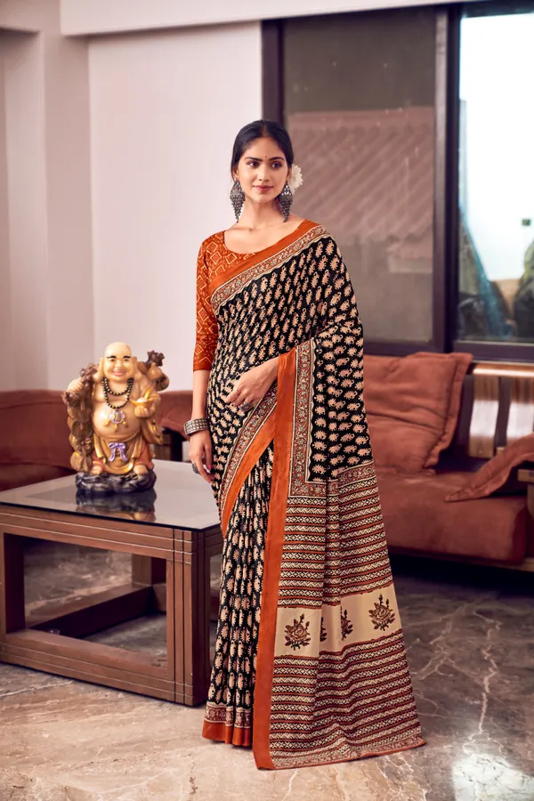 Beautiful_Handicraft_Pure_Soft_MulMul_Cotton_Ikkat_Hand_PrintedSaree_With_Blouse_Piece