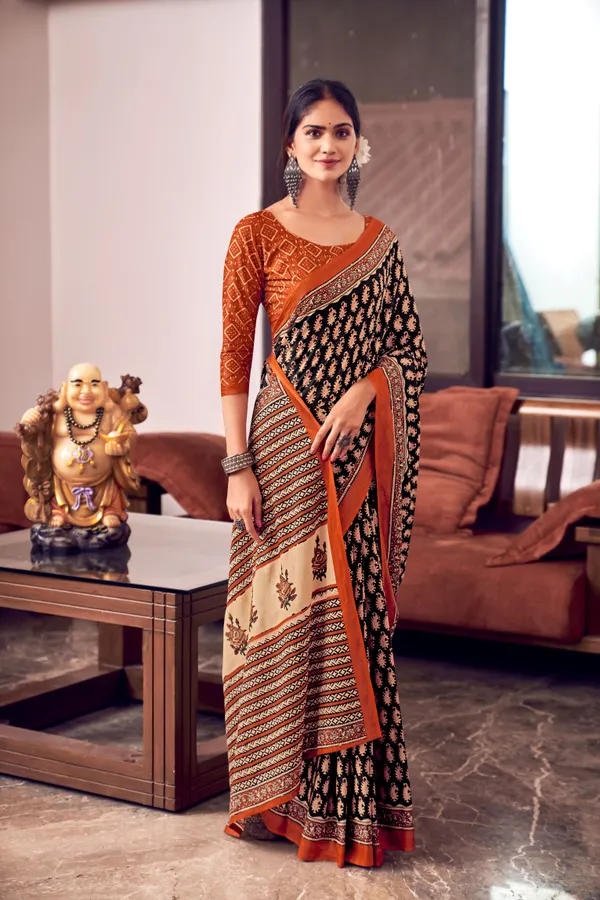 Beautiful_Handicraft_Pure_Soft_MulMul_Cotton_Ikkat_Hand_PrintedSaree_With_Blouse_Piece