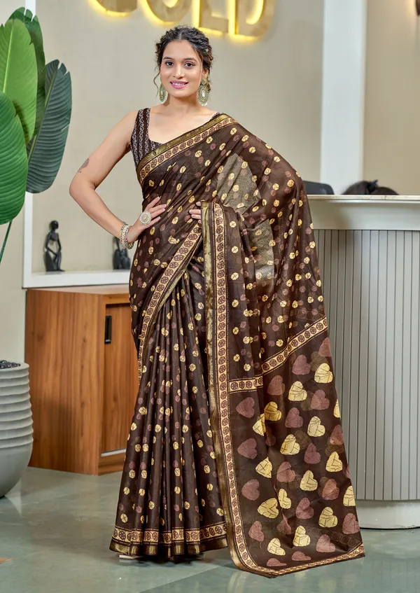 Brown__Beautiful_Zari_Border_Handicraft_Pure_Soft_MulMul_Jaipuri_Hand_Block_Print_Cotton_Saree_With_Blouse_Piece