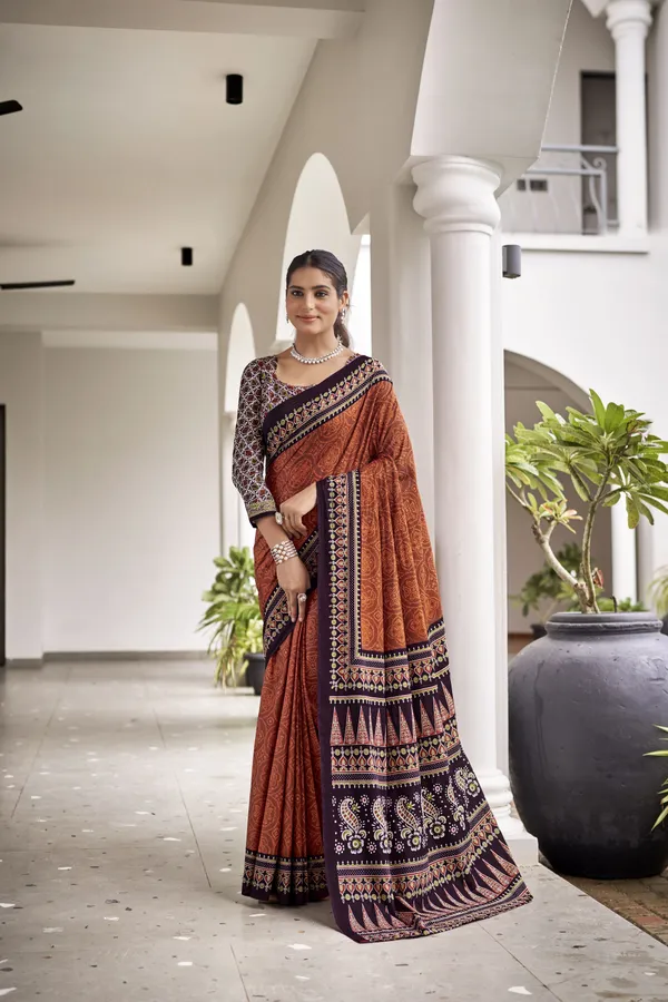 Beautiful_Handicraft_Pure_Soft_MulMul_Cotton_Ikkat_Hand_PrintedSaree_With_Blouse_Piece