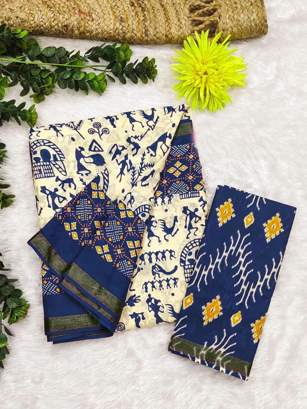 Stylish__Handicraft_Pure_Soft_MulMul_Ikkat_Hand_Print_Cotton_Saree_With_Blouse_Piece