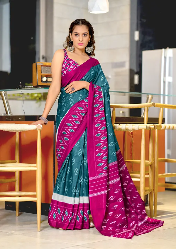 Handicraft_Beautiful_Handicraft_Pure_Soft_MulMulcotton_IKKAT_Hand_Blcok_Print_Saree_With_Blouce_Piece