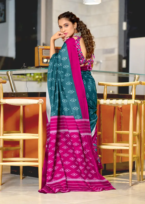 Handicraft_Beautiful_Handicraft_Pure_Soft_MulMulcotton_IKKAT_Hand_Blcok_Print_Saree_With_Blouce_Piece