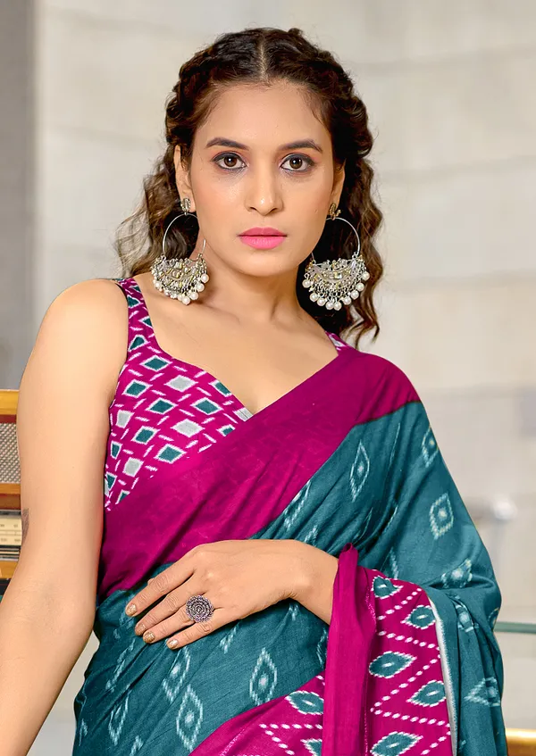 Handicraft_Beautiful_Handicraft_Pure_Soft_MulMulcotton_IKKAT_Hand_Blcok_Print_Saree_With_Blouce_Piece