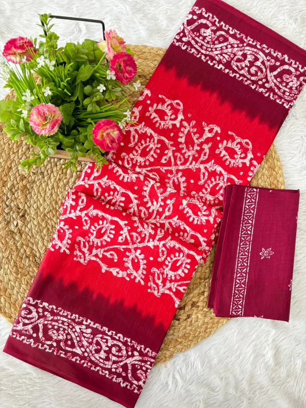 Stylish__Handicraft_Pure_Soft_MulMul_Ikkat_Hand_Print_Cotton_Saree_With_Blouse_Piece