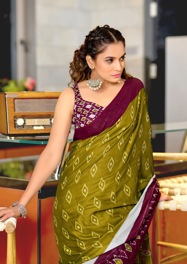 Handicraft_Beautiful_Handicraft_Pure_Soft_MulMulcotton_IKKAT_Hand_Blcok_Print_Saree_With_Blouce_Piece