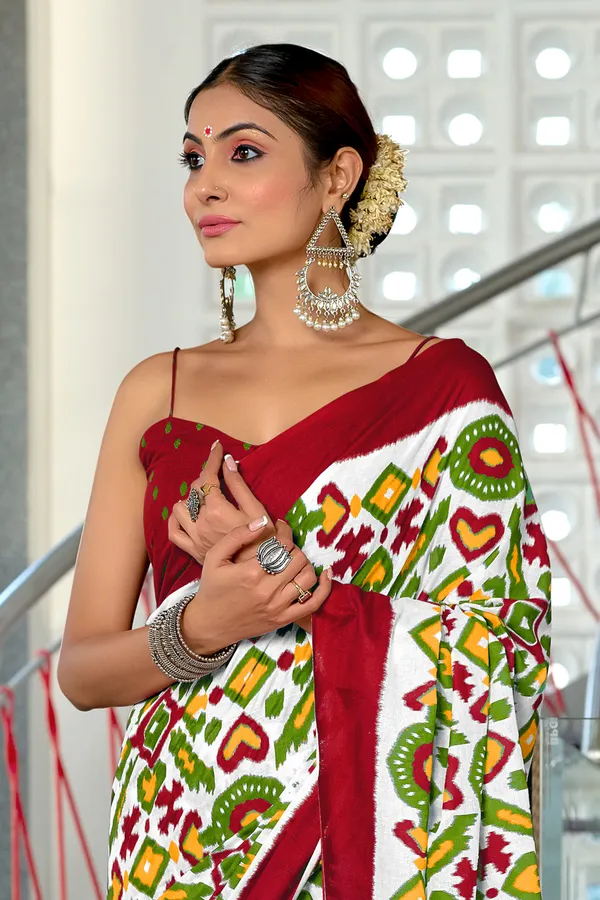 Handicraft_Beautiful_Handicraft_Pure_Soft_MulMulcotton_IKKAT_Hand_Blcok_Print_Saree_With_Blouce_Piece