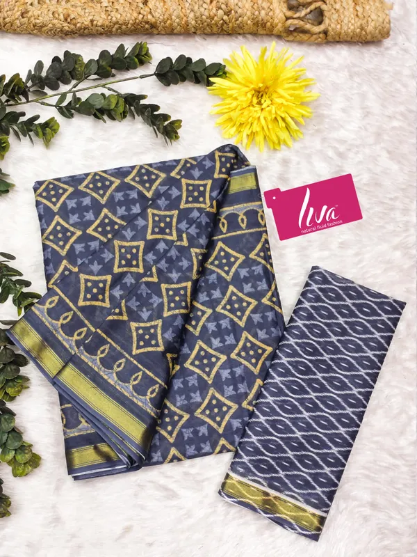 Beautiful_Handicraft_Pure_Soft_MulMul_Cotton_Block_Printed_Zari_Border_Saree_With_Blouse_Piece