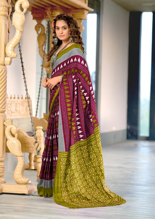 Stylish__Handicraft_Pure_Soft_MulMul_Ikkat_Hand_Print_Cotton_Saree_With_Blouse_Piece