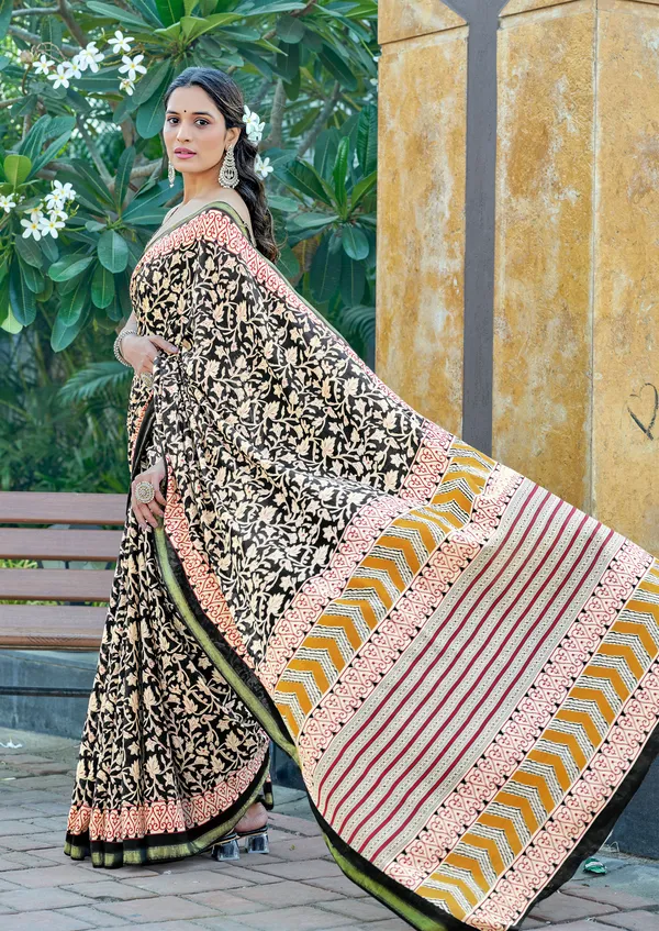 Black_Beautiful_Jaipuri_Handicraft_Rajwadi_Block_Print_Pure_Soft_MulMul_Cotton_Zari_Border_Saree_With_Blouse_Piece
